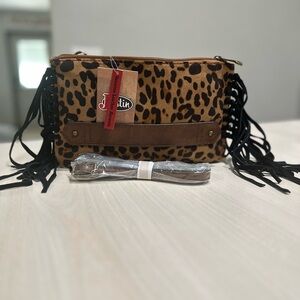 Justin Boots Leather & Fringe Animal Print Clutch w/Crossbody strap